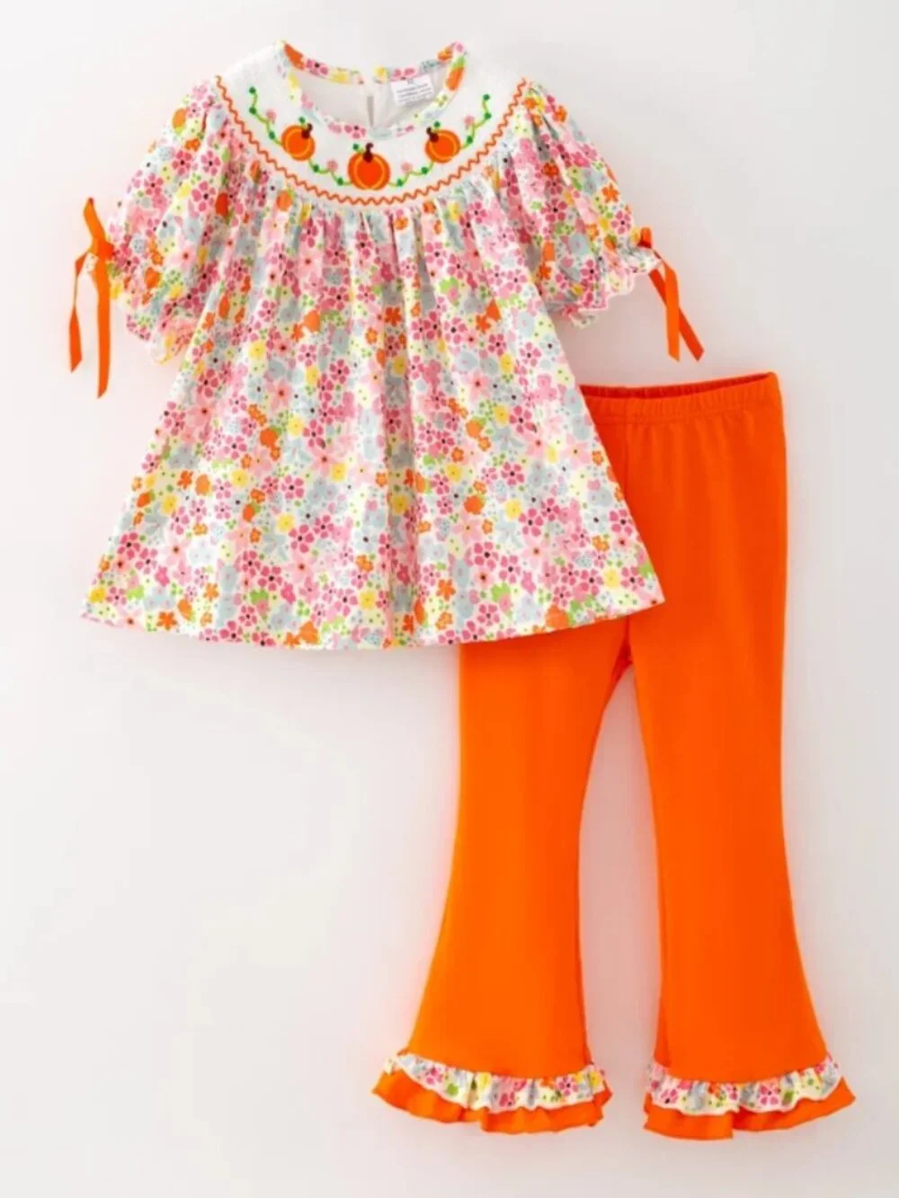 Boutique Smocked Floral Pumpkin Short Sleeve Tunic & Leggings Girls Outfit Set